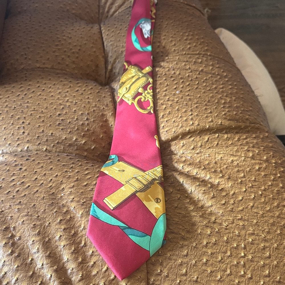 Hermes Paris Authentic Silk Red Patterned Necktie with Gold and Teal Accents
